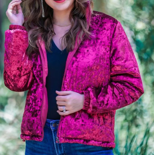 Wine Colored Lush Velvet Puffer Jacket - Jess Lea - SMALL Only