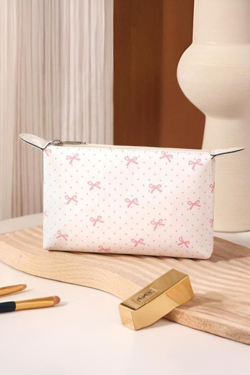Ivory Vegan Cosmetic Bag With Pink Bow Print