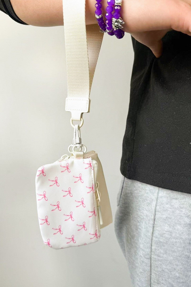 Dual Pouch Ivory Wristlet Keychain Wallet Bag - Ivory with Pink Bows