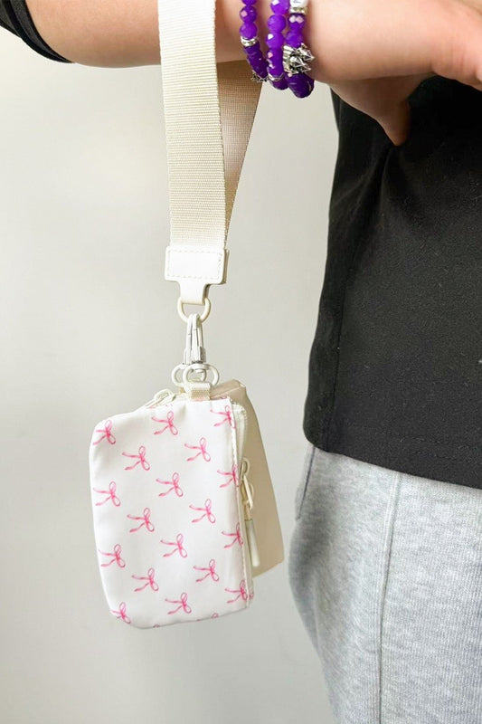 Dual Pouch Ivory Wristlet Keychain Wallet Bag - Ivory with Pink Bows