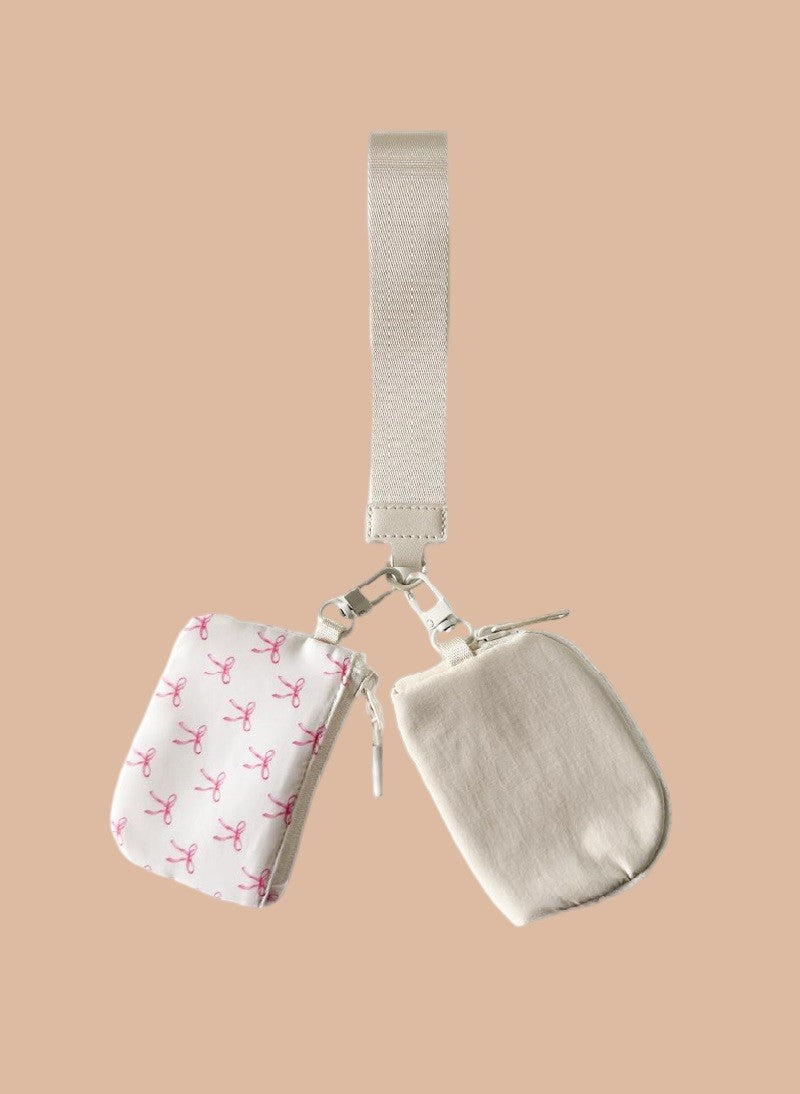 Dual Pouch Ivory Wristlet Keychain Wallet Bag - Ivory with Pink Bows