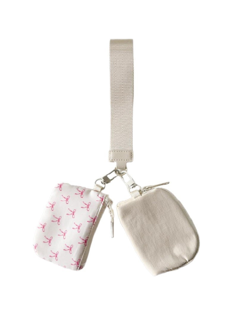 Dual Pouch Ivory Wristlet Keychain Wallet Bag - Ivory with Pink Bows