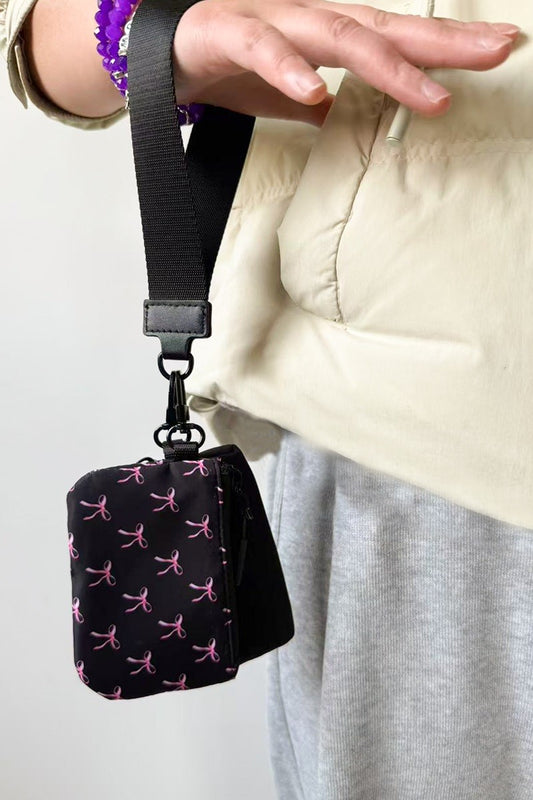 Dual Pouch Black Wristlet Keychain Wallet Bag - Black with Pink Bows
