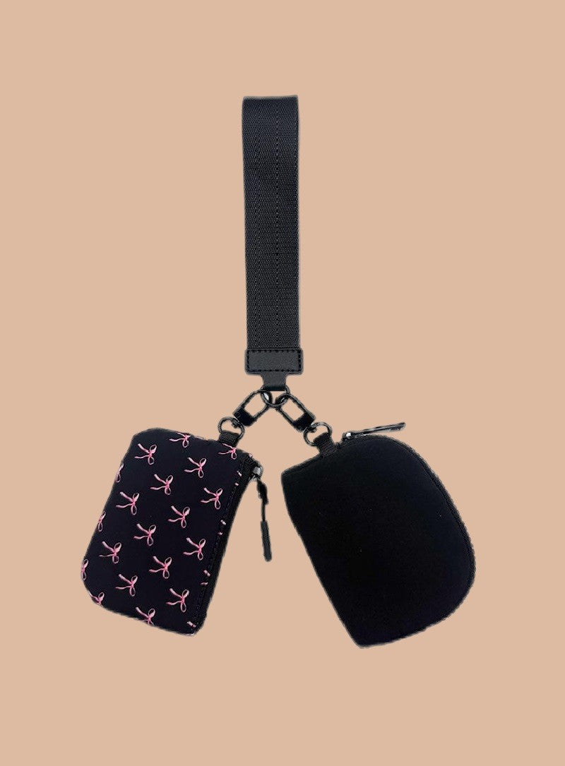 Dual Pouch Black Wristlet Keychain Wallet Bag - Black with Pink Bows
