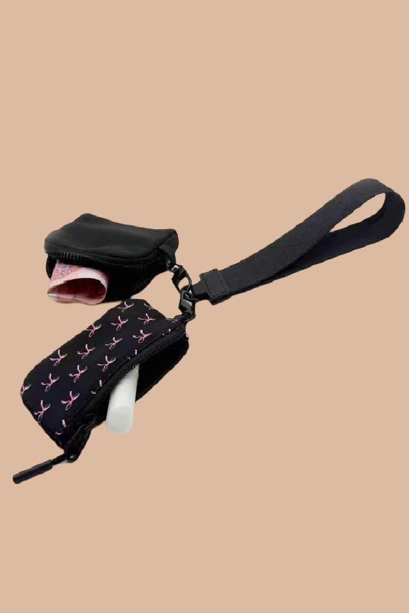 Dual Pouch Black Wristlet Keychain Wallet Bag - Black with Pink Bows