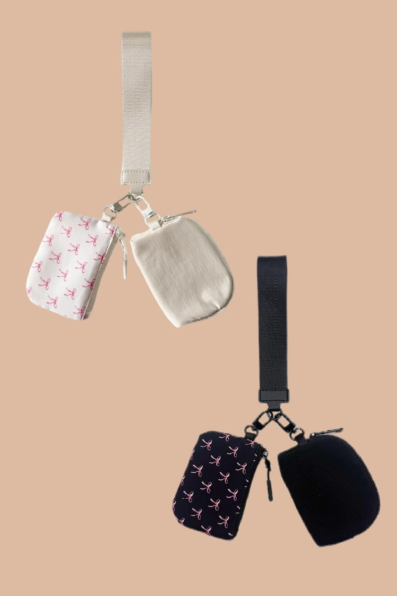 Dual Pouch Black Wristlet Keychain Wallet Bag - Black with Pink Bows