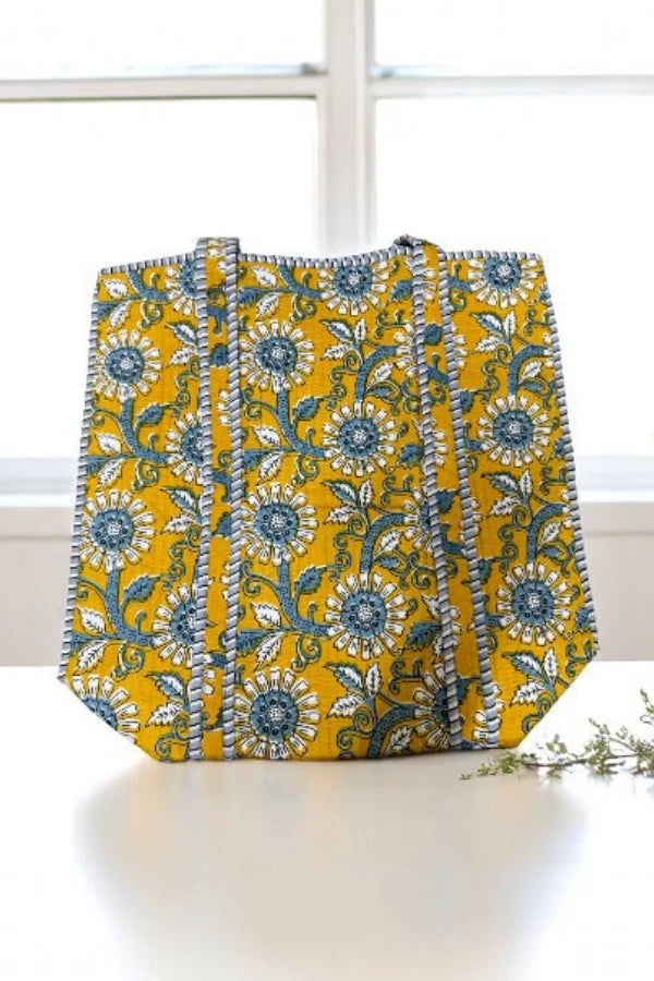 Yellow and blue tote, front