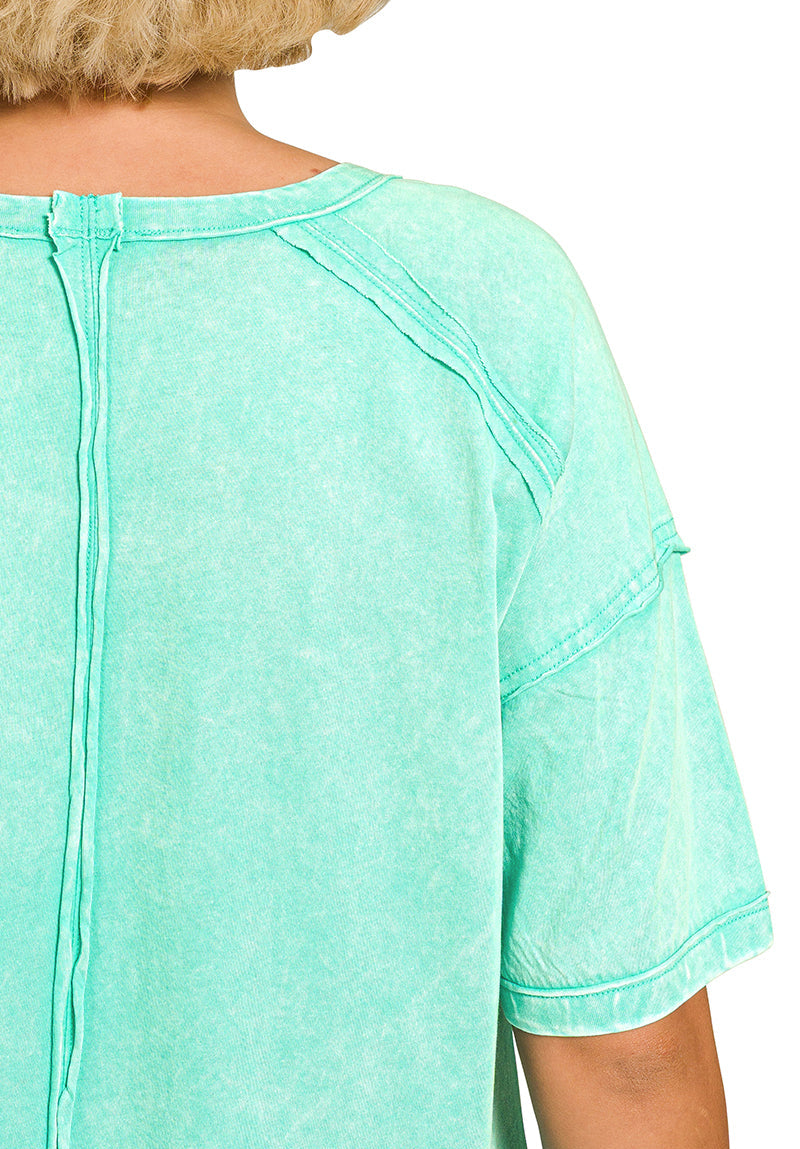 Close-up of a mint green shirt with a blurred background