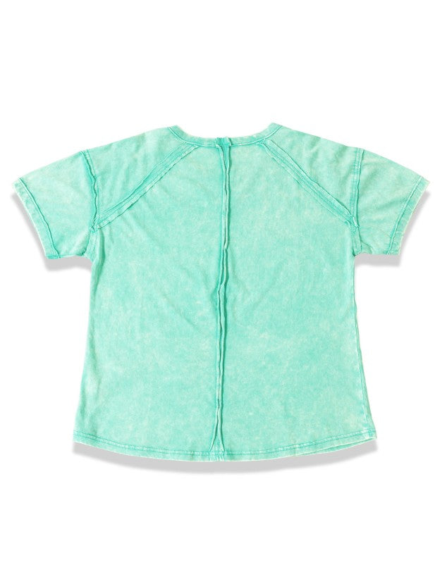 Back view of mint green top with short sleeves on a white background