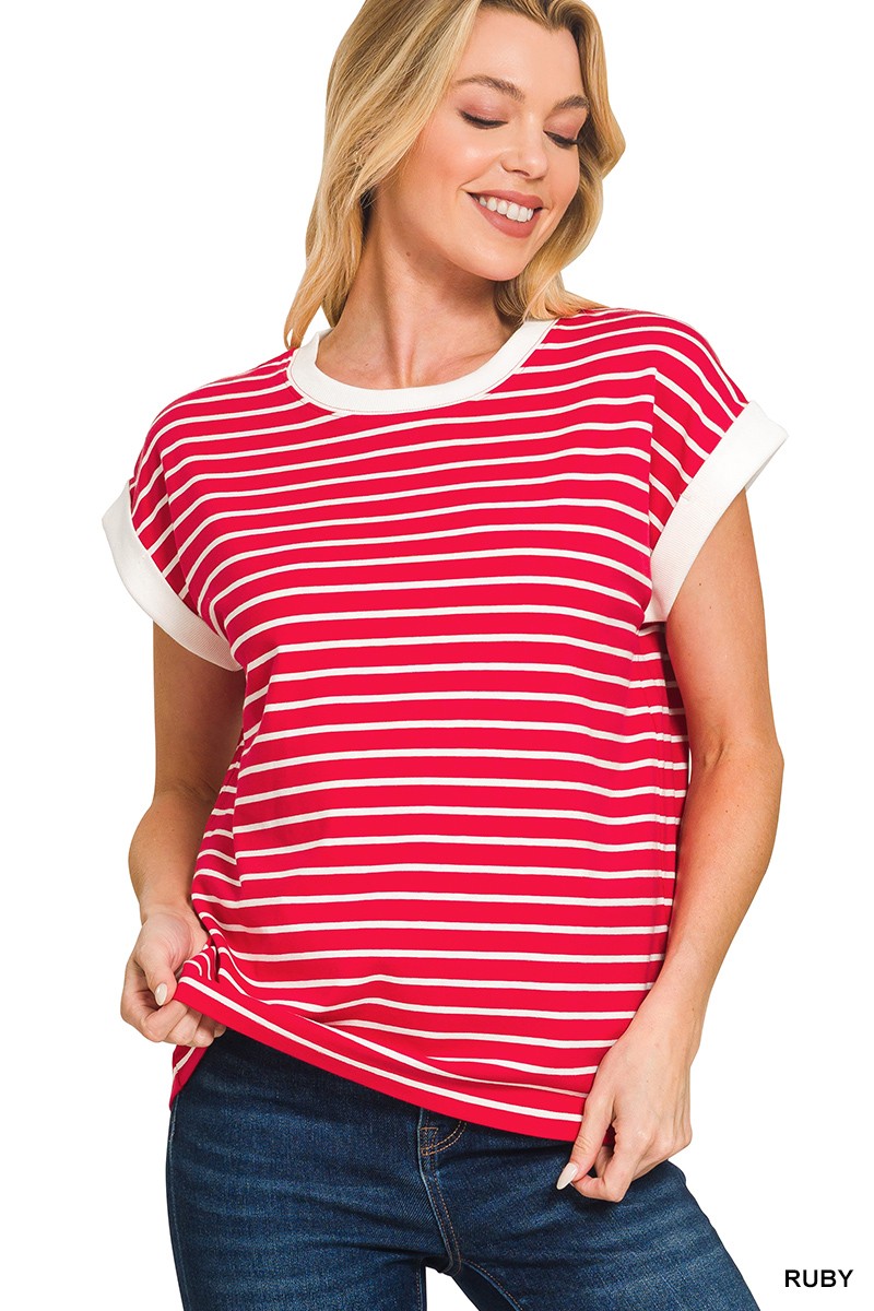 Red and White Cap Sleeve Stripe Knit Top