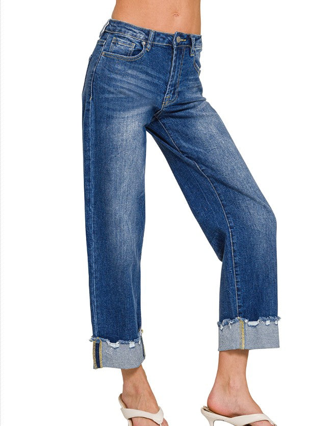 ZENANA Wide Cuffed Raw Hem Dark Wash Denim Jeans 5 7 9 11 13
