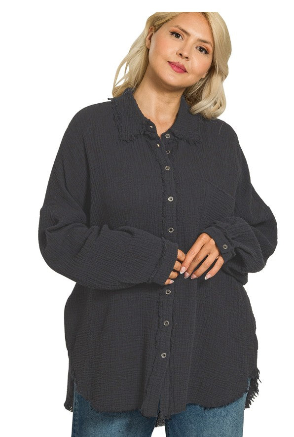 Black Double Gauze Oversized Raw Edge Top 1X 2X