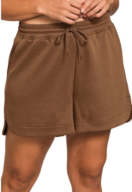 Brown Elastic Waist Scuba Shorts with Pockets 1X 2X