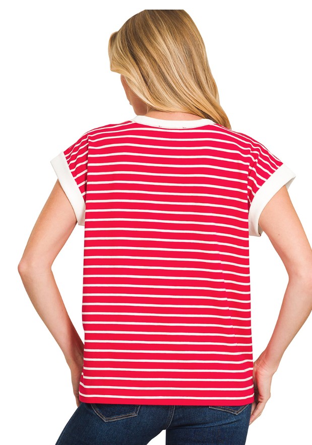 Woman wearing a red and white striped t-shirt on a white background