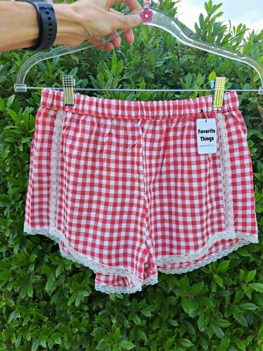 Red and White Plaid Lace Trim Mini Shorts S M L