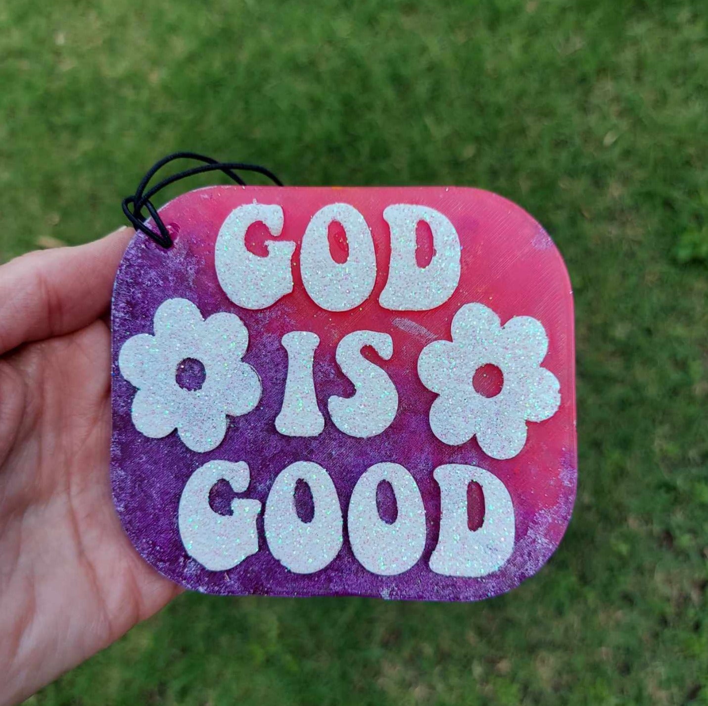 God Is Good Freshie - Blue/Pink Tie Dye Background White Text