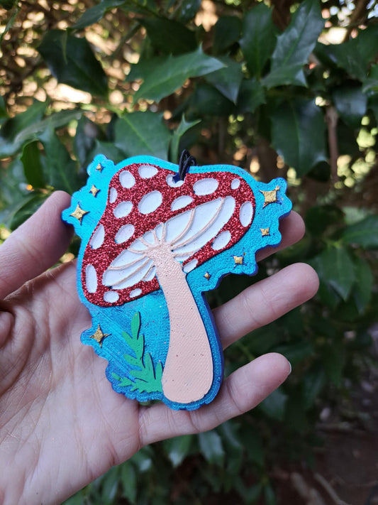 Mushroom Freshie - Metallic Blue Background Red Top