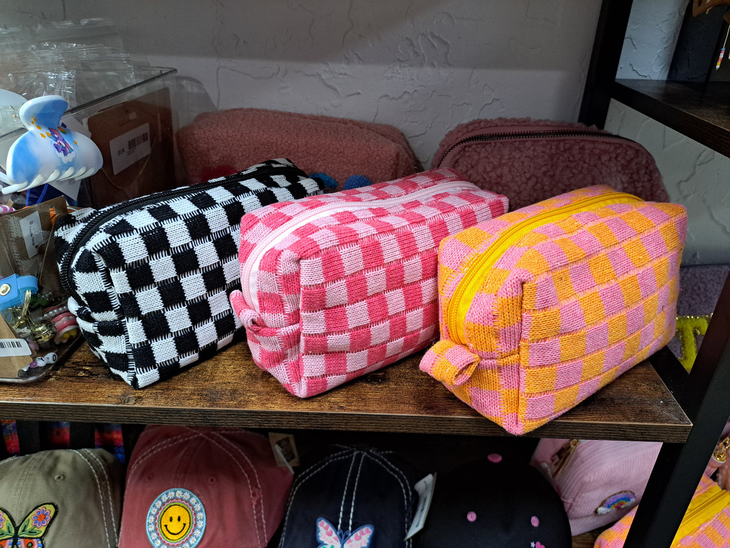 Checkered Cosmetic Bag - Pink/Orange