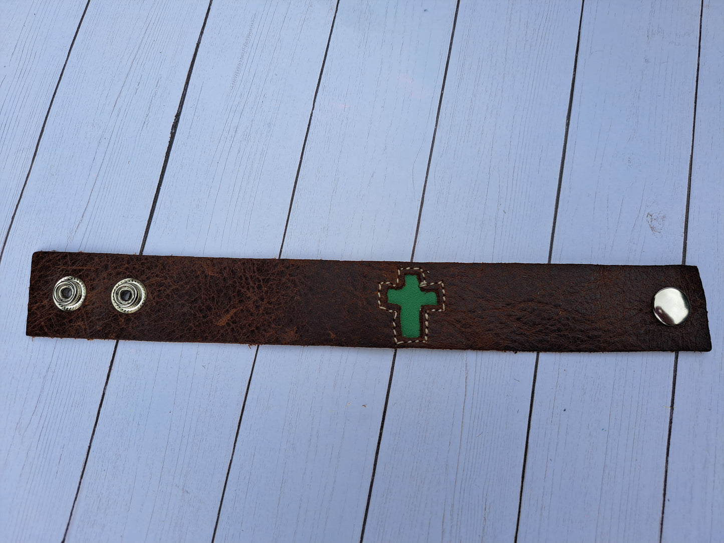 Leather Cuff Bracelet - Brown With Green Cross Inset