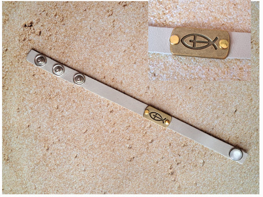 Leather Bracelet - Snap Closure - Cream With Cross/Fish Plate