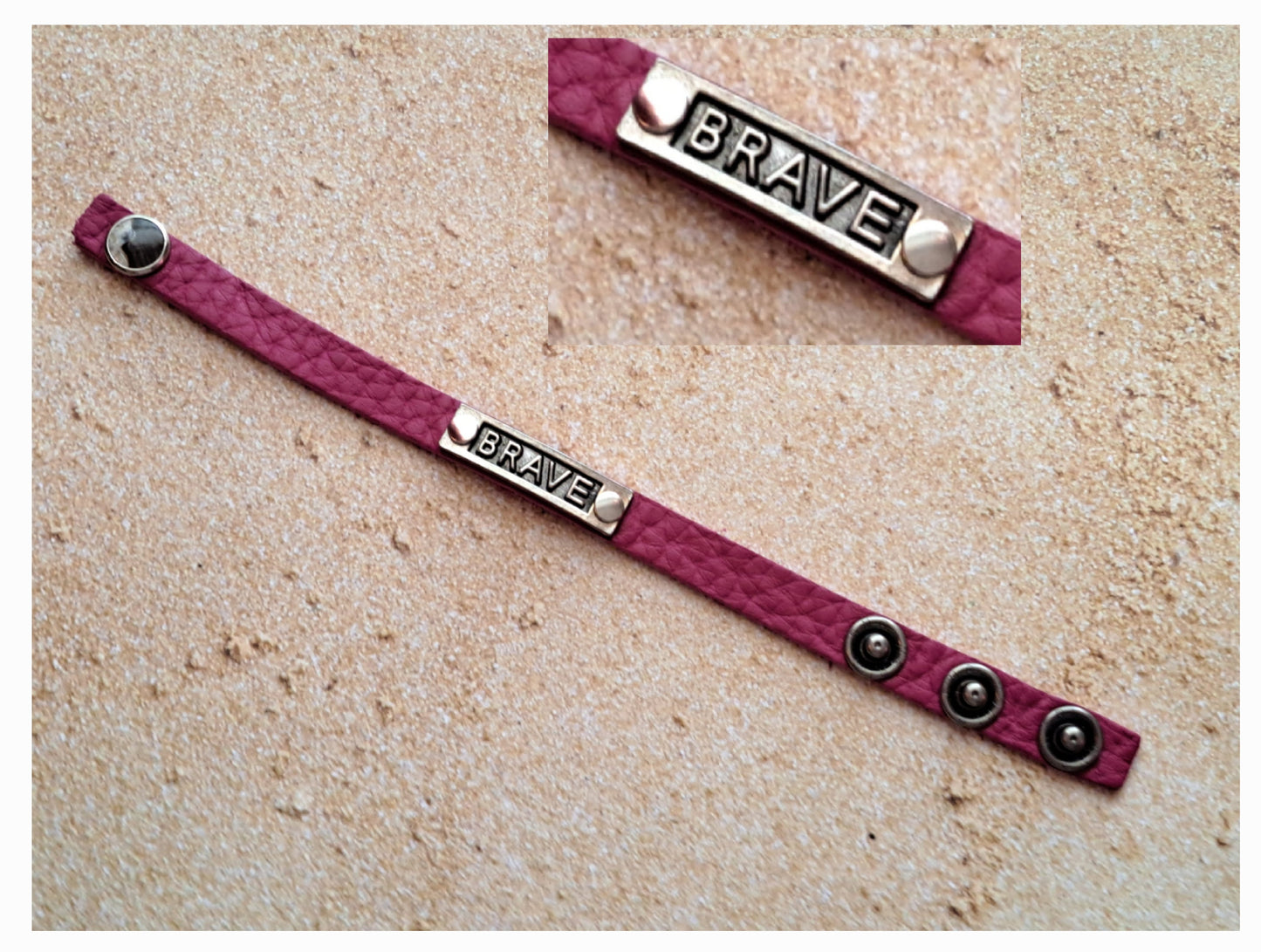 Pink Leather Tooled Bracelet - Snap Closure - BRAVE