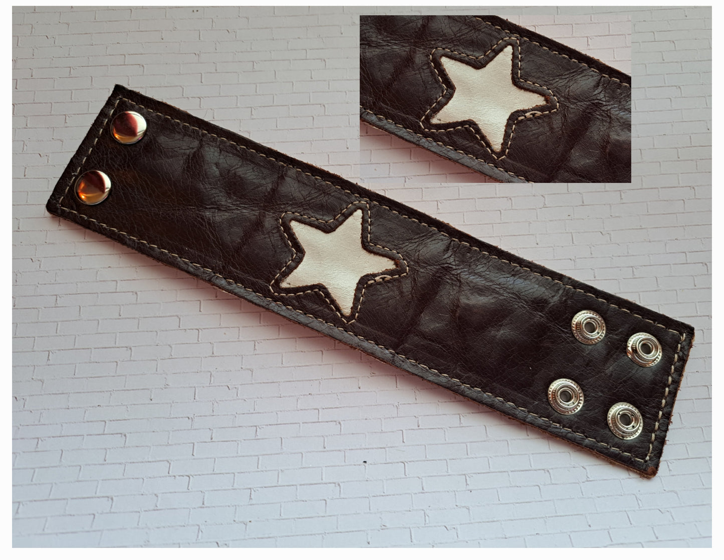 Leather Cuff Bracelet - Brown With Shimmer Smooth Cream Star Inset