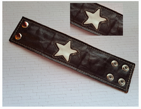 Leather Cuff Bracelet - Brown With Shimmer Smooth Cream Star Inset