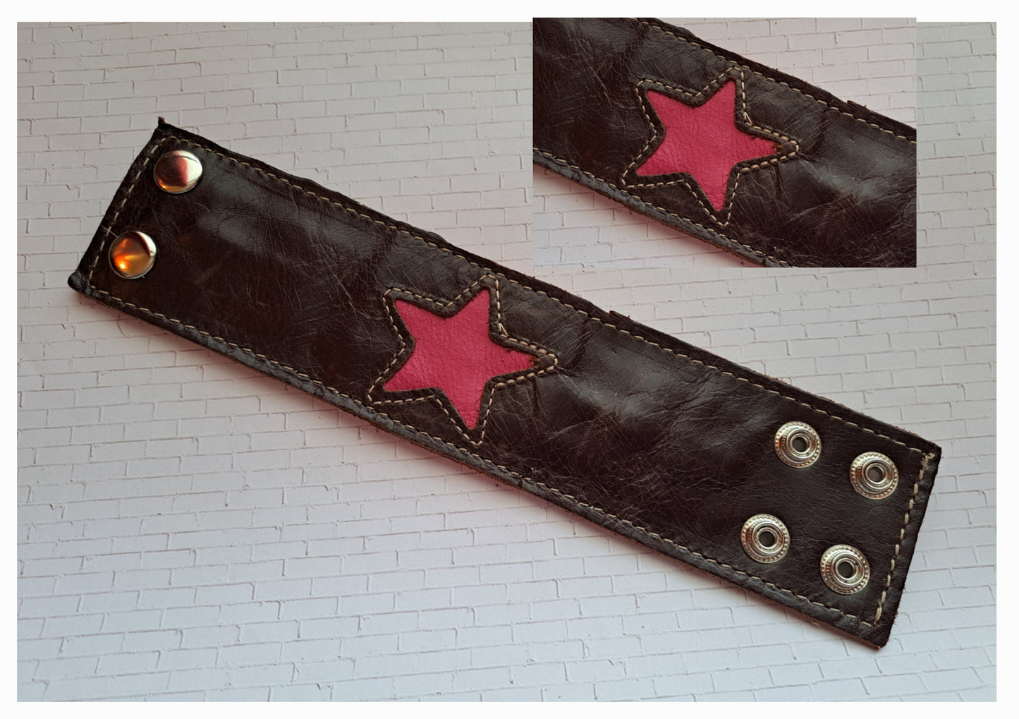 Leather Cuff Bracelet - Brown With Smooth Pink Star Inset