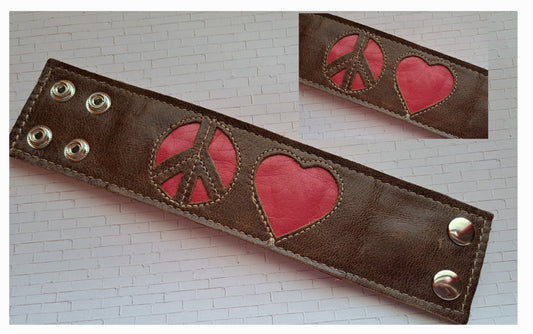 Leather Cuff Bracelet - Brown With Pink Peace & Love Inset