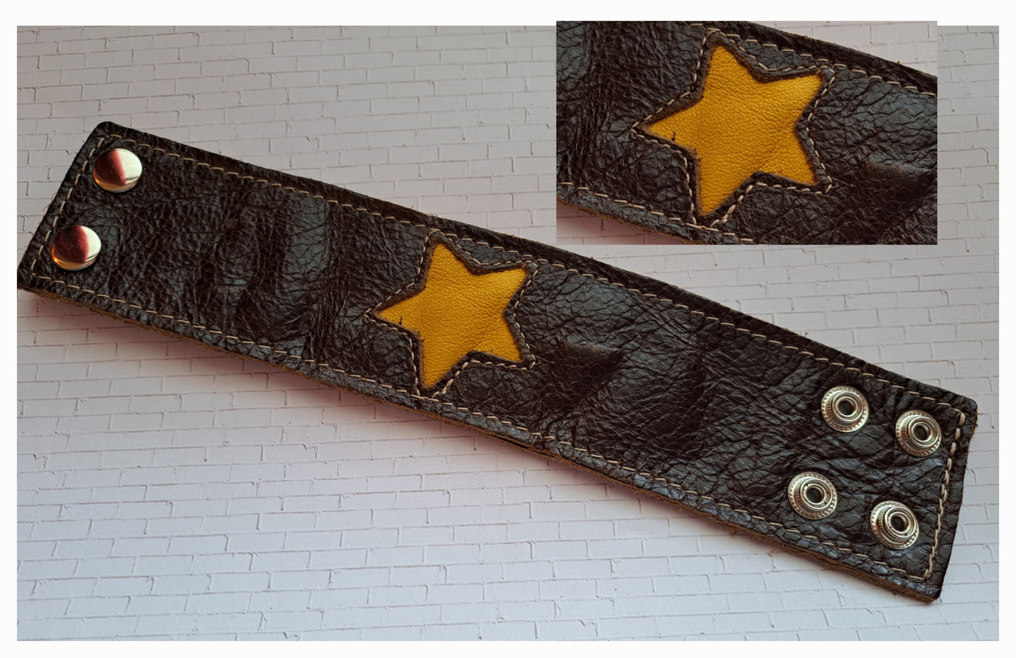 Leather Cuff Bracelet - Brown With Golden Yellow Star Inset