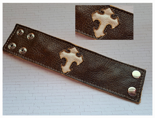 Leather Cuff Bracelet - Brown With Cream Cross