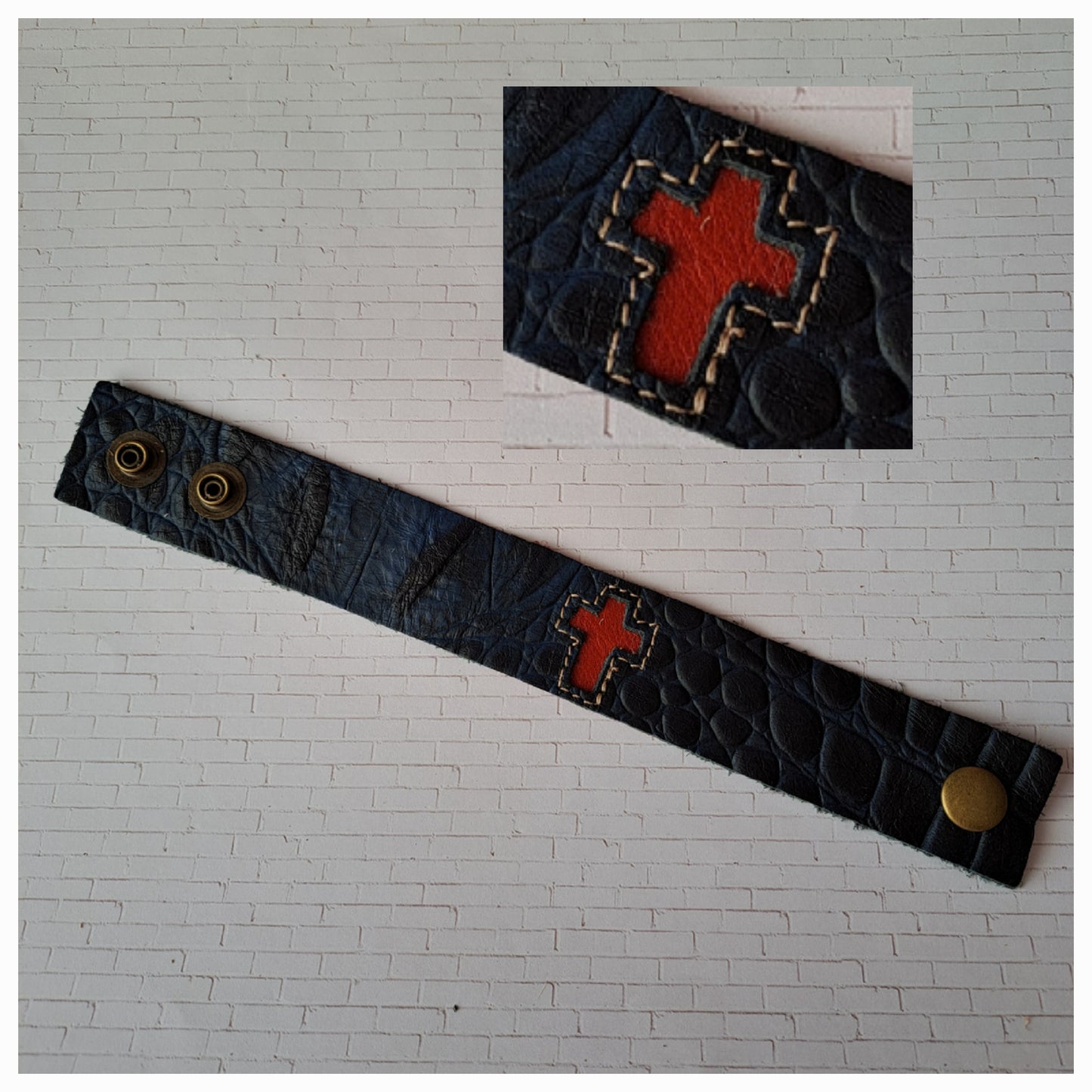 Leather Cuff Bracelet - Black and Blue With Red Cross