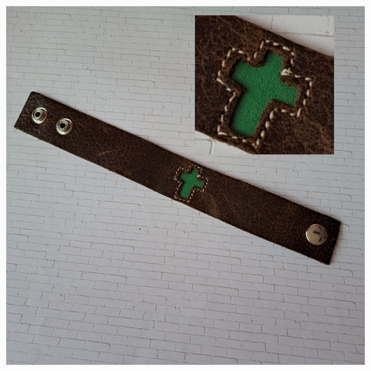 Leather Cuff Bracelet - Brown With Green Cross Inset