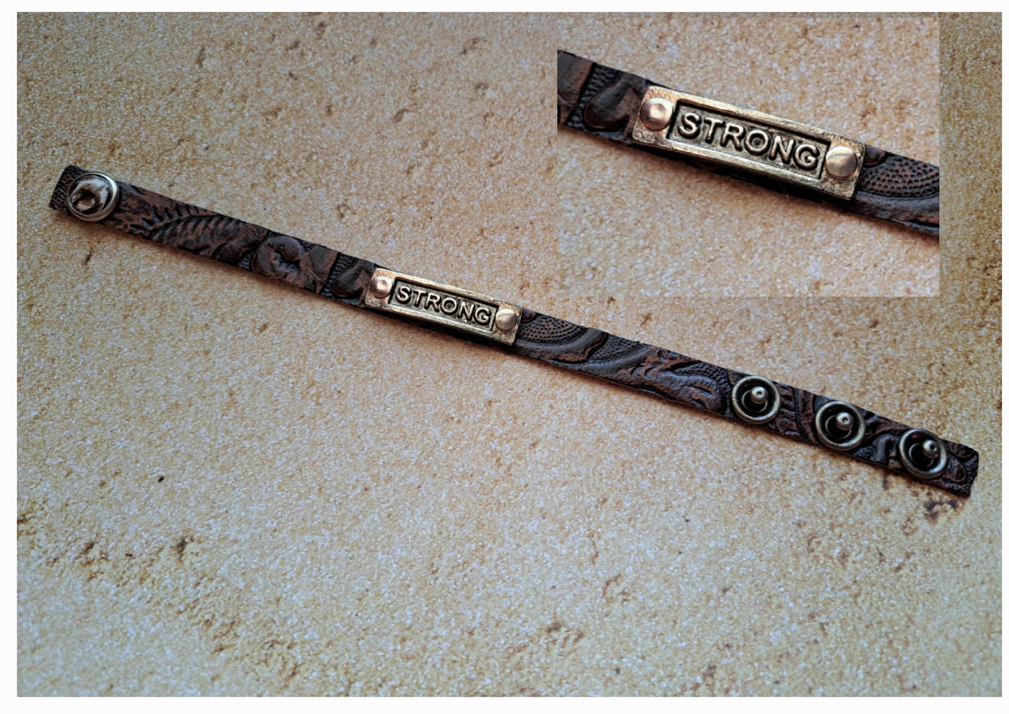 Brown Tooled Leather Bracelet - Snap Closure - STRONG