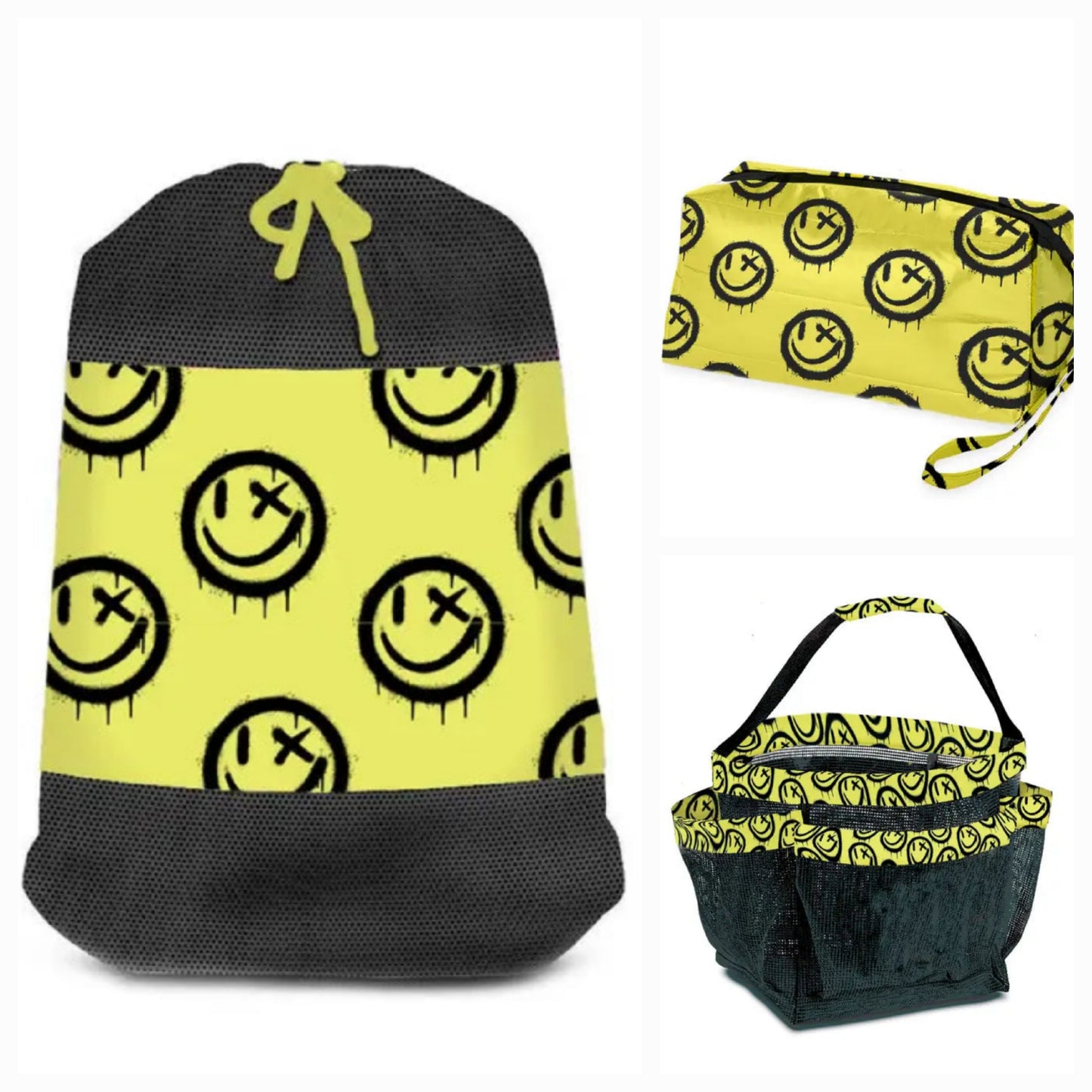 Mesh Shower Caddy - Black/Yellow Smiley