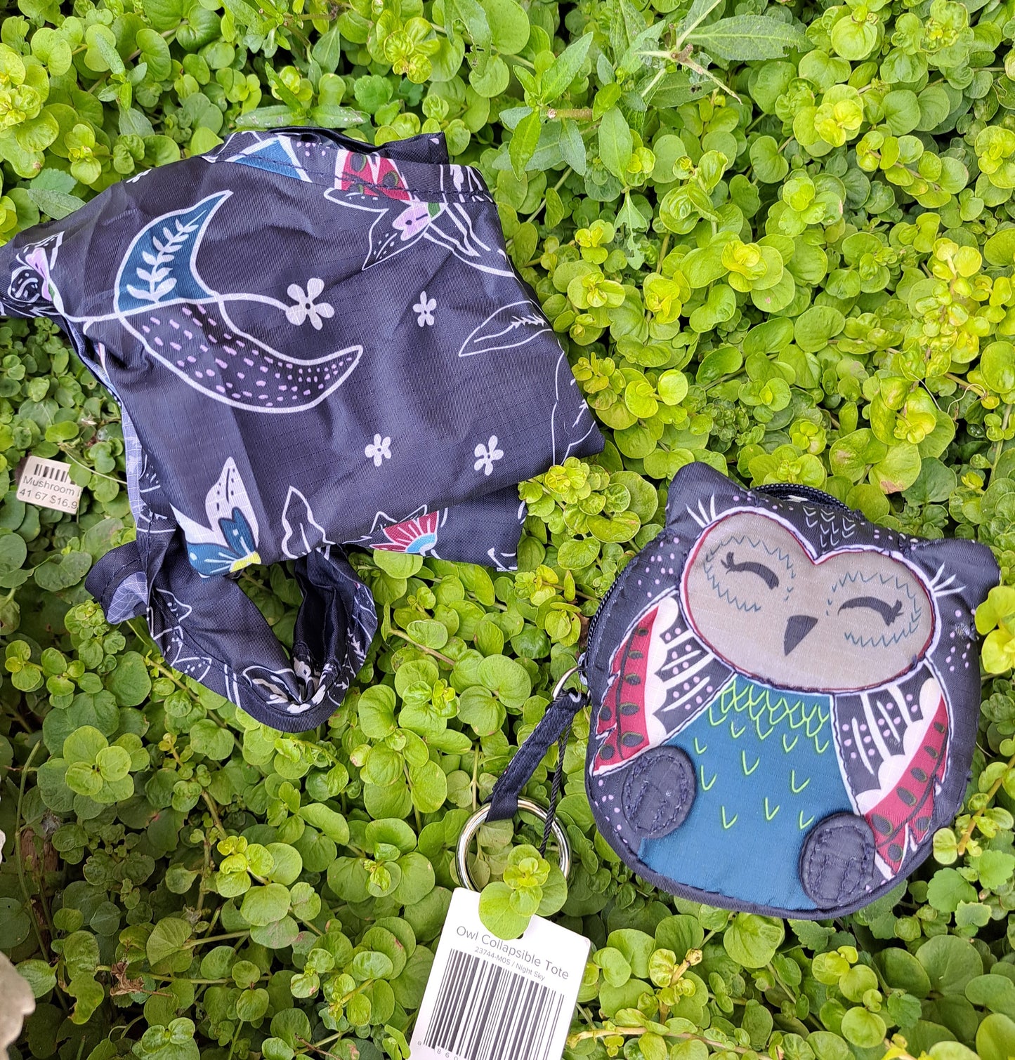 Owl Collapsible Tote Bag on Keychain - Night Sky Pattern