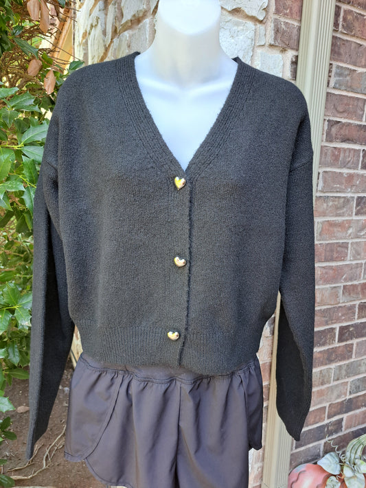 Black Cardigan With Silver Heart Buttons