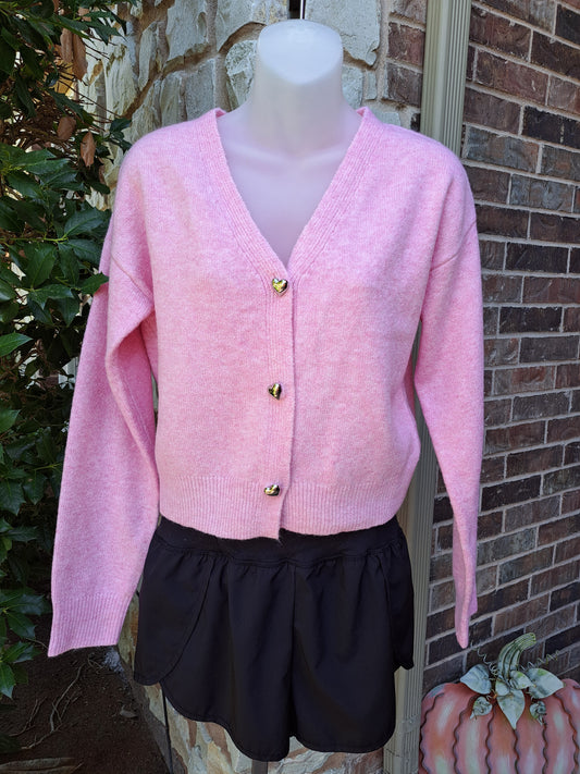 Pink Cardigan With Silver Heart Buttons