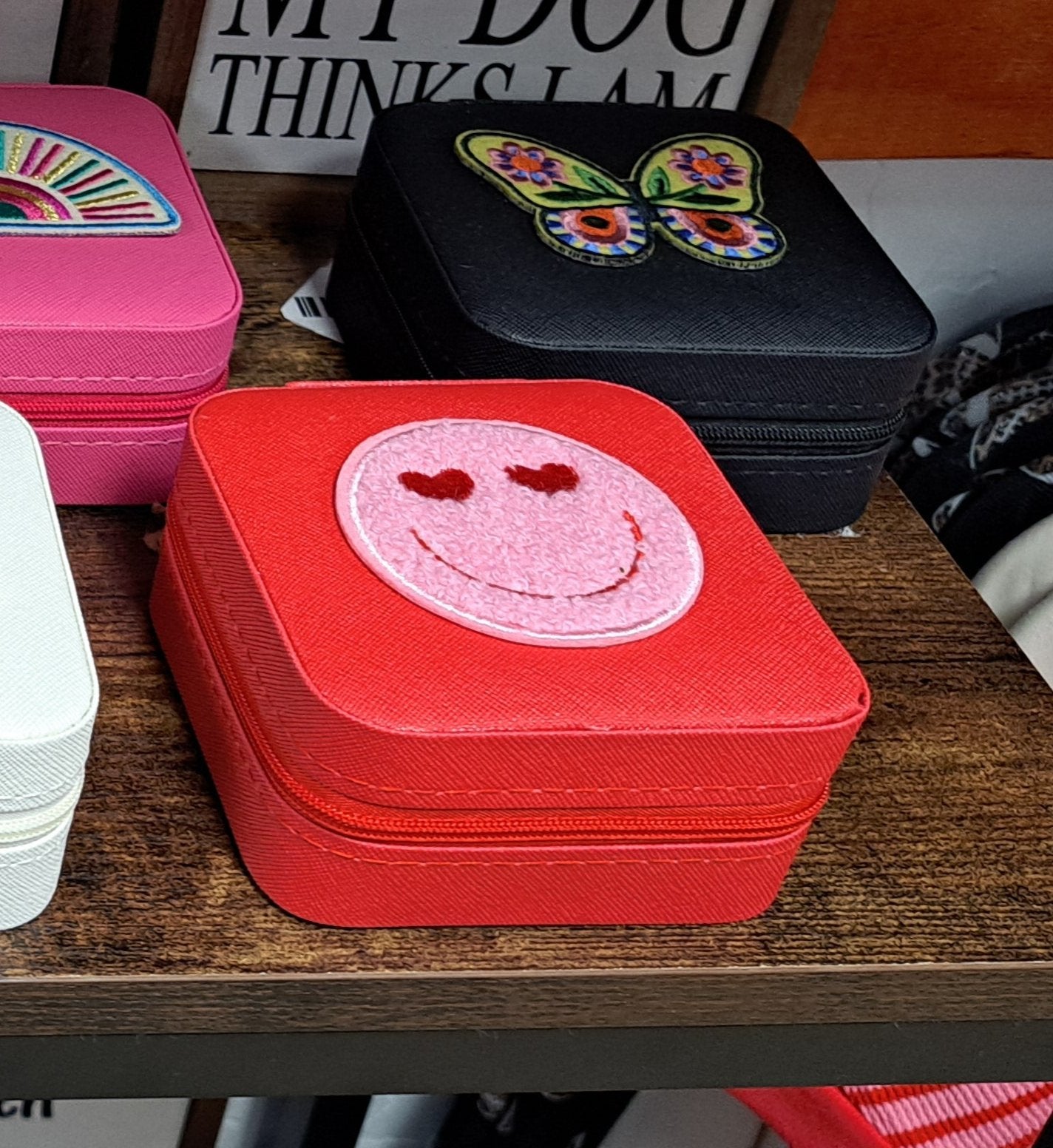 Red Jewelry Organizer With Pink Smiley Patch - Jewelry Box