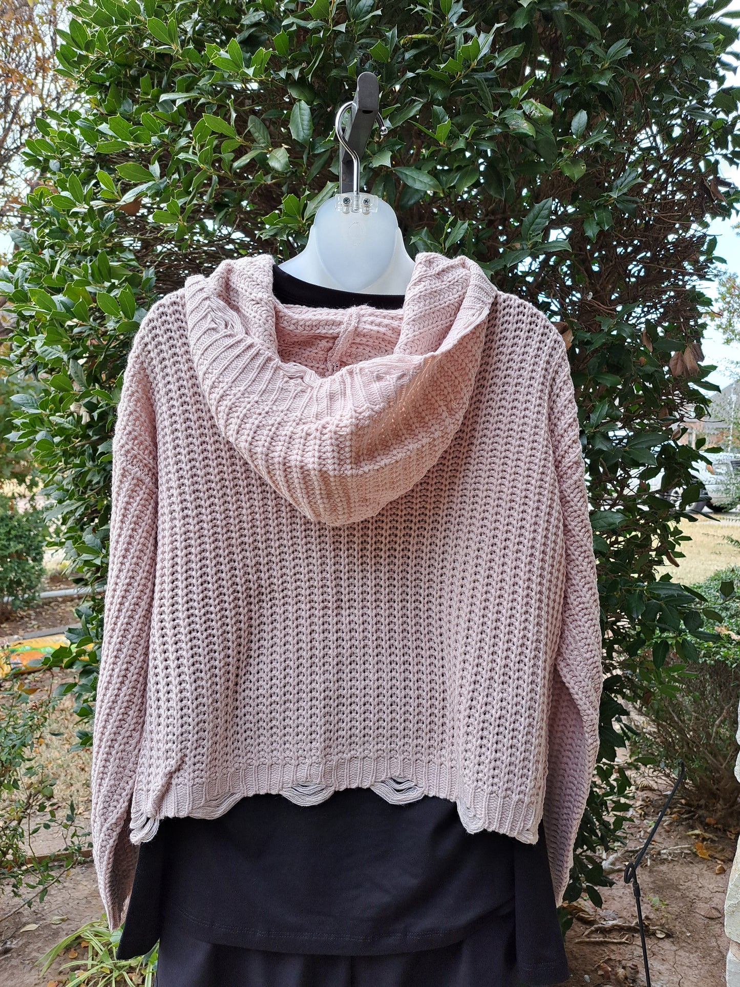 Blush Pink Zip Front Knit Distressed Sweater Hoodie