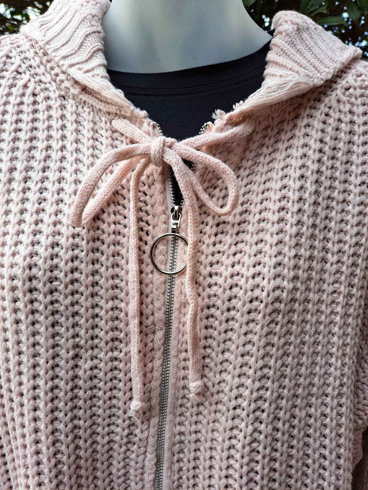 Blush Pink Zip Front Knit Distressed Sweater Hoodie