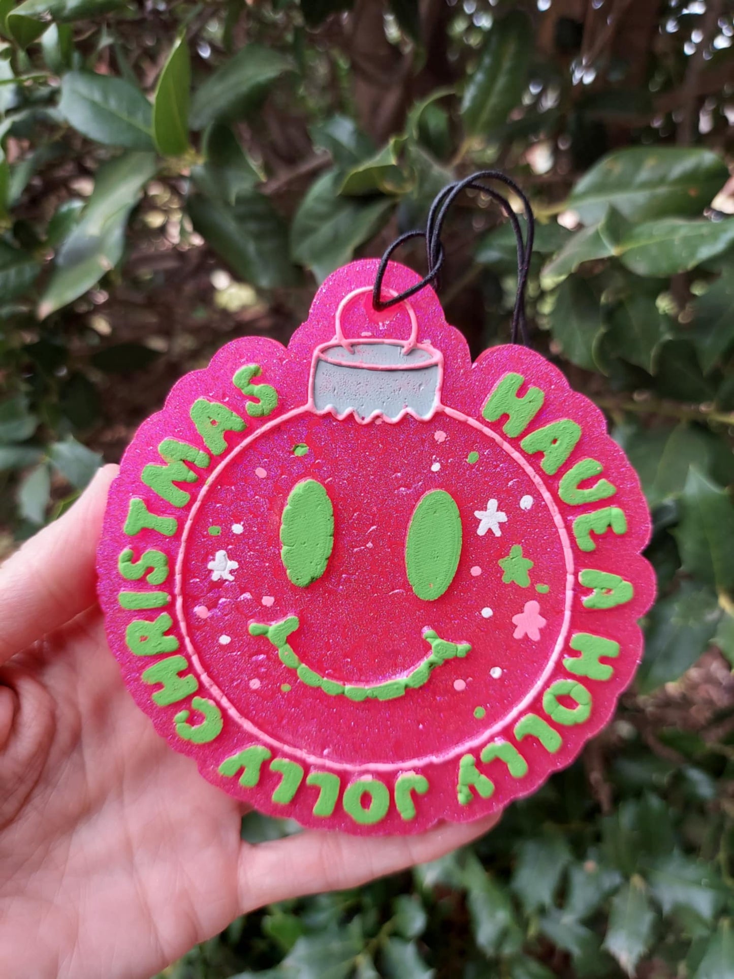 Smiley Christmas Bulb Freshie - Pink/Green