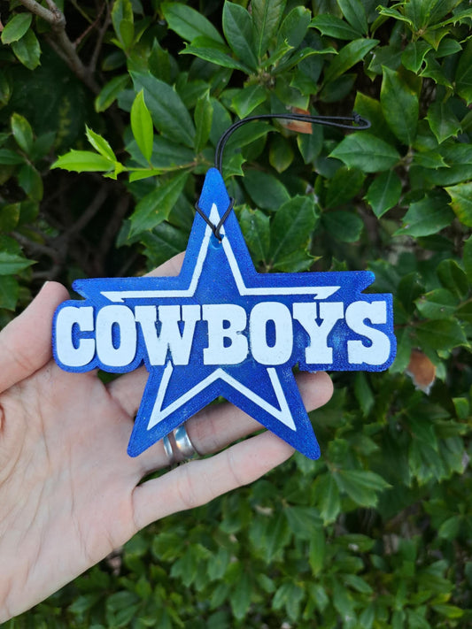 Blue star-shaped cowboy sign held in front of green foliage