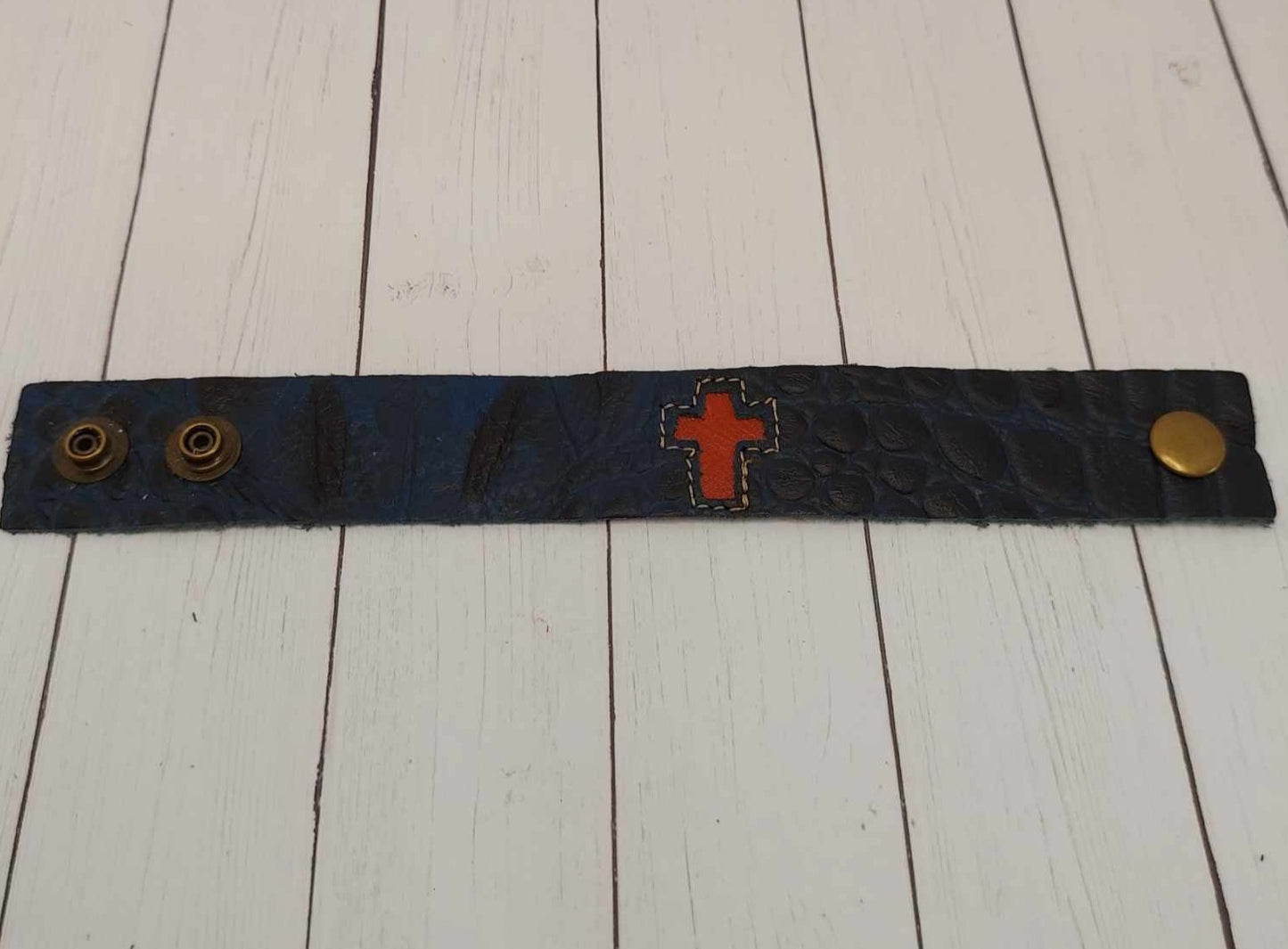 Leather Cuff Bracelet - Black and Blue With Red Cross