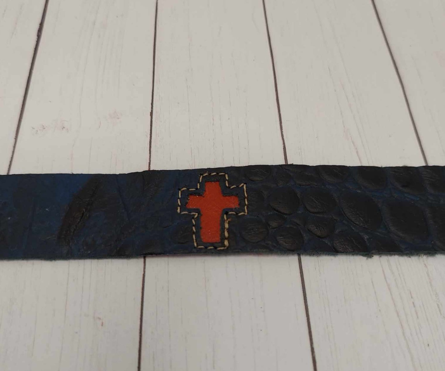 Leather Cuff Bracelet - Black and Blue With Red Cross