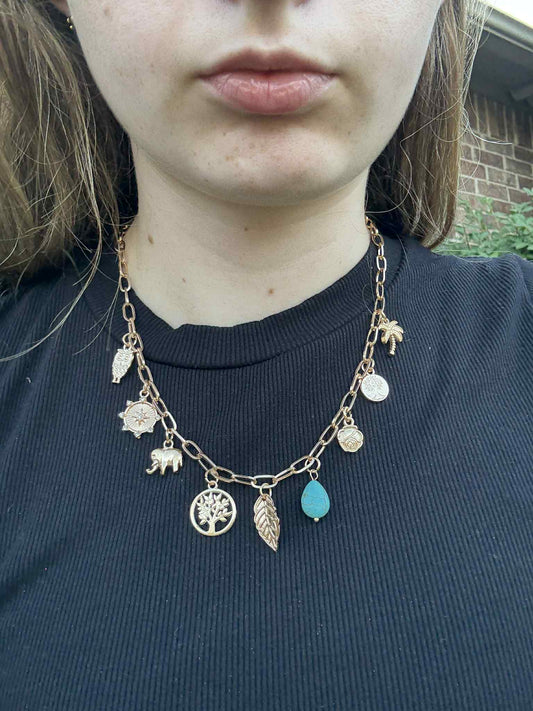 Charm Necklace with Tree Leaf Elephant Turquoise - Gold Link Chain