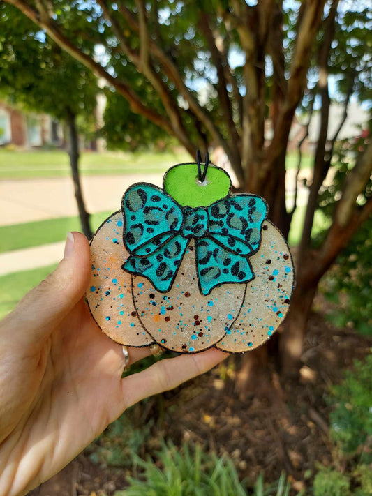 Pumpkin With Teal Leopard Bow Air Freshener