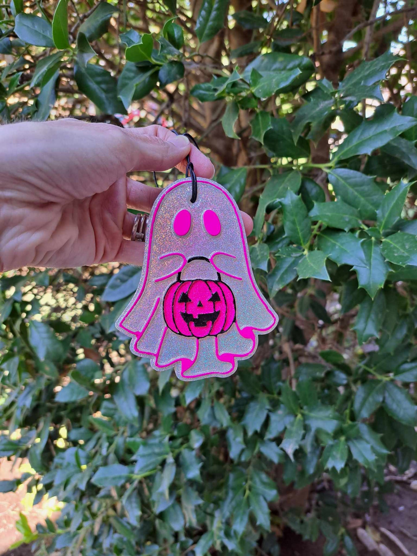 Holographic Ghost With Neon Pink Pumpkin Freshie - Air Freshener