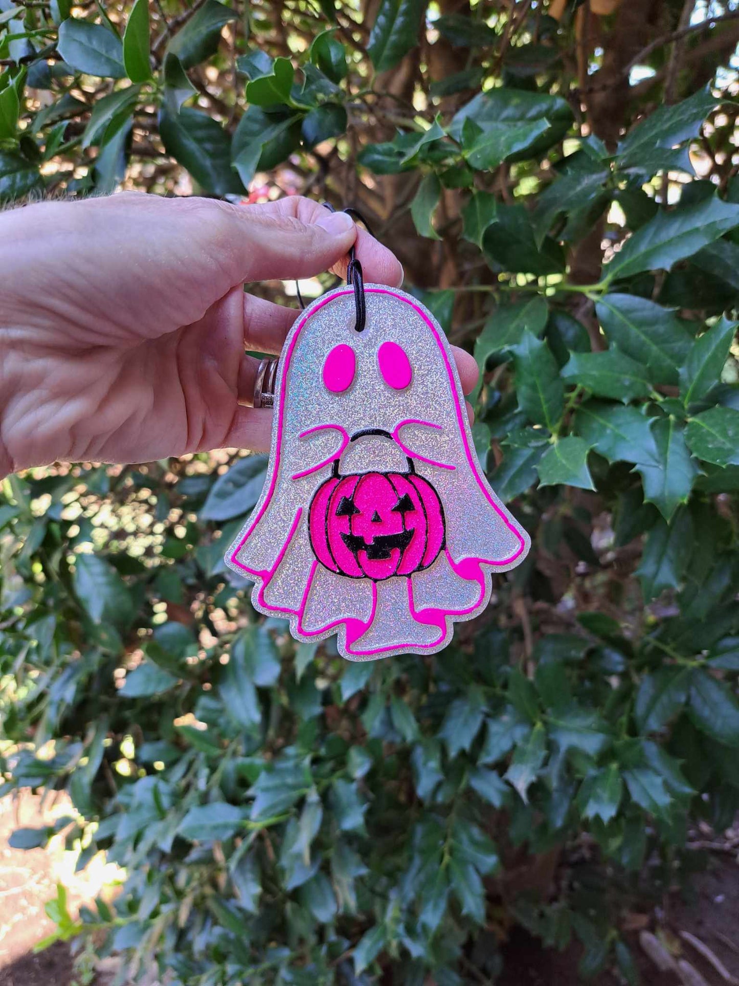 Holographic Ghost With Neon Pink Pumpkin Freshie - Air Freshener