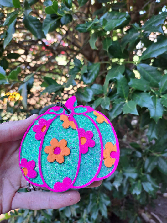 Iridescent Blue Pumpkin With Pink/Orange Flowers Air Freshener